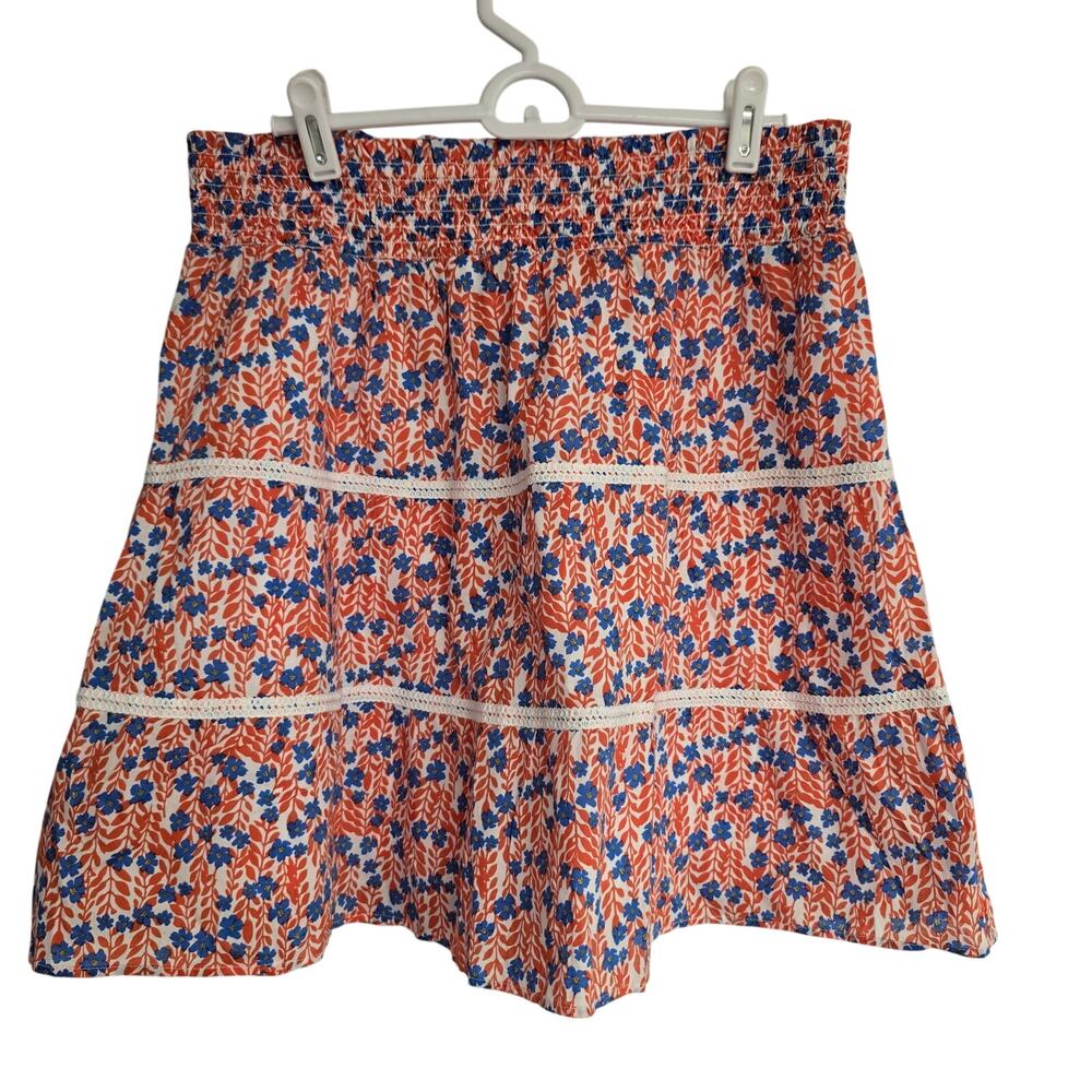 NEW NWT Women's J. Crew Red & Blue Floral Smocked Elastic Waist Skirt | Size Med
